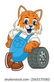 Happy Wildcat Car Mechanic Mascot