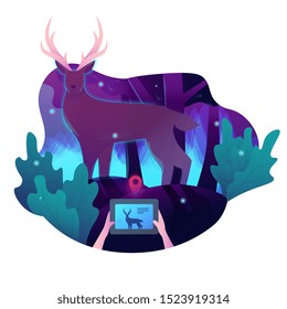 	
Happy wildlife day illustration. a man take a photo of Wild deer data information with decoration for animal care and conservation.
