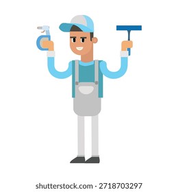 Limpiador de ventanas feliz que sostiene la Ilustración vectorial del escurridor y de la botella del aerosol