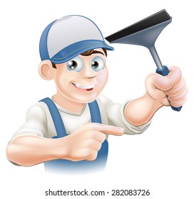 A happy Window Cleaner holding a Squeegee in his hand and pointing