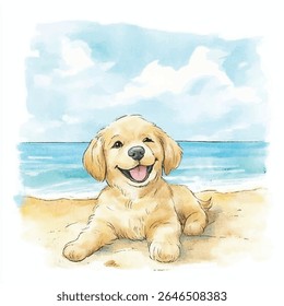 Um filhote de cachorro golden retriever feliz e piscando encontra-se em uma praia arenosa, sorrindo com a língua para fora, com o oceano e o céu ao fundo.
