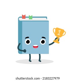 Happy winner book emoji character with cup. Flat vector illustration for web and graphic design