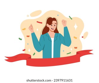 Feliz Ganadora Mujer Empresaria. Mujer de negocios cruzando la línea de fin. Ilustración plana vectorial.