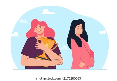 Happy winner hugging trophy and rival crying. Woman jealous and sad of girl winning competition or contest flat vector illustration. Victory, disappointment, envy, emotions concept for banner