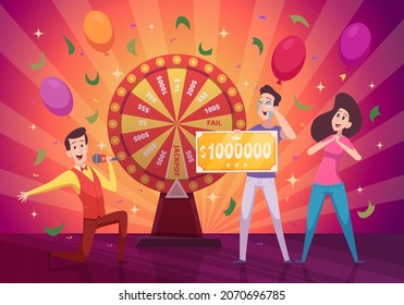 Happy winners background. Lottery gambling persons in casino money prizes exact vector illustration in cartoon style