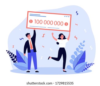 Happy winners holding bank check flat vector illustration. Man and woman winning jackpot for millions dollars. Lottery gain, money prize and grant concept