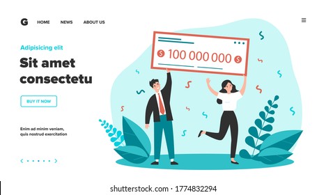 Happy winners holding bank check flat vector illustration. Man and woman winning jackpot for millions dollars. Lottery gain, money prize and grant concept