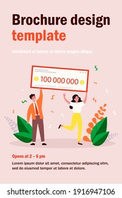 Happy winners holding bank check flat vector illustration. Man and woman winning jackpot for millions dollars. Lottery gain, money prize and grant concept