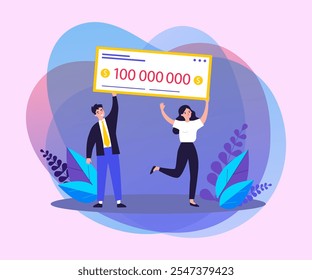 Happy winners holding bank check flat vector illustration. Man and woman winning jackpot for millions dollars. Lottery gain, money prize and grant concept