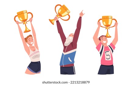 Happy winners holding trophy cups in raising hands set. Successful people celebrating victory cartoon vector illustration