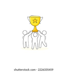 Happy winners with trophy, reward in sport competition, game or contest. Champions with gold cup with star. Concept of win, award, success, victory with golden goblet, vector hand drawn illustration