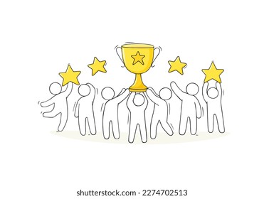 Happy winners with trophy, reward in sport competition, game or contest. Champions with gold cup with stars. Concept of win, award, success, victory with golden goblet, vector hand drawn illustration