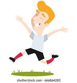 Happy winning blond caucasian cartoon kicker wearing white shirt and black shorts jumping joyfully isolated on white background.