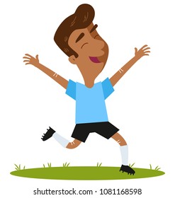 Happy winning South American cartoon outfield player wearing blue shirt and black shorts running and jumping joyfully isolated on white background