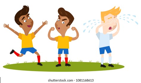 Happy winning South American cartoon outfield players in yellow shirts and blue shorts celebrating, caucasian opponent in white shirt crying isolated on white background