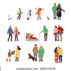 Happy winter activities with family, Christmas celebration. Cold season, skate on ice rink and making a snowman, skiing. Women men children in outerwear performing outdoor activities.