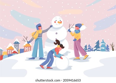 Happy winter activity banner. Children make snowman outdoors in city park and snowfall background. Seasonal entertainment poster. Vector illustration for backdrop or placard in flat cartoon design