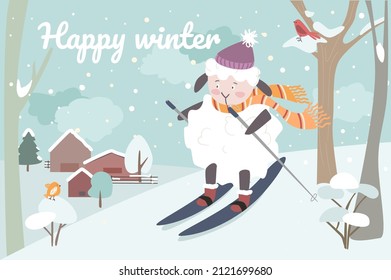 Happy winter animals concept background. Hedgehog and owl in warm scarves drink coffee and eat donuts sitting on bench in park. Cute pets in snowy city. Vector illustration in flat cartoon design