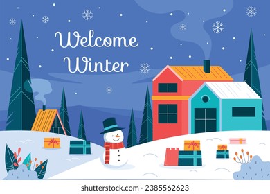 Happy Winter background. Hello Winter season. Cartoon Vector illustration Template for Poster, Banner, Greeting, Card, Flyer, Cover, Sale, Promotion. Snowfall, Snowy weather. welcome winter design.