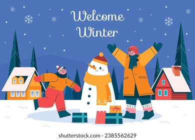 Happy Winter background. Hello Winter season. Cartoon Vector illustration Template for Poster, Banner, Greeting, Card, Flyer, Cover, Sale, Promotion. Snowfall, Snowy weather. welcome winter design.