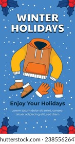 Happy Winter background. Hello Winter season. Cartoon Vector illustration Template for Poster, Banner, Greeting, Card, Flyer, Cover, Sale, Promotion. Snowfall, Snowy weather. welcome winter design.