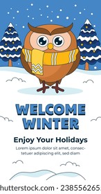 Happy Winter background. Hello Winter season. Cartoon Vector illustration Template for Poster, Banner, Greeting, Card, Flyer, Cover, Sale, Promotion. Snowfall, Snowy weather. welcome winter design.