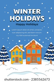 Happy Winter background. Hello Winter season. Cartoon Vector illustration Template for Poster, Banner, Greeting, Card, Flyer, Cover, Sale, Promotion. Snowfall, Snowy weather. welcome winter design.
