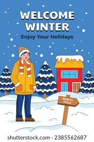 Happy Winter background. Hello Winter season. Cartoon Vector illustration Template for Poster, Banner, Greeting, Card, Flyer, Cover, Sale, Promotion. Snowfall, Snowy weather. welcome winter design.