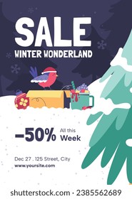 Happy Winter background. Hello Winter season. Cartoon Vector illustration Template for Poster, Banner, Greeting, Card, Flyer, Cover, Sale, Promotion. Snowfall, Snowy weather. welcome winter design.