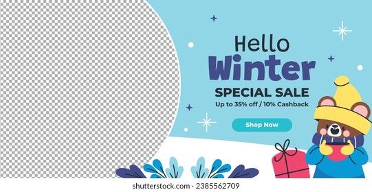 Happy Winter background. Hello Winter season. Cartoon Vector illustration Template for Poster, Banner, Greeting, Card, Flyer, Cover, Sale, Promotion. Snowfall, Snowy weather. welcome winter design.