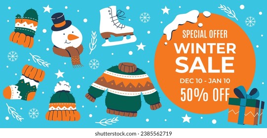 Happy Winter background. Hello Winter season. Cartoon Vector illustration Template for Poster, Banner, Greeting, Card, Flyer, Cover, Sale, Promotion. Snowfall, Snowy weather. welcome winter design.