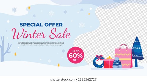 Happy Winter background. Hello Winter season. Cartoon Vector illustration Template for Poster, Banner, Greeting, Card, Flyer, Cover, Sale, Promotion. Snowfall, Snowy weather. welcome winter design.