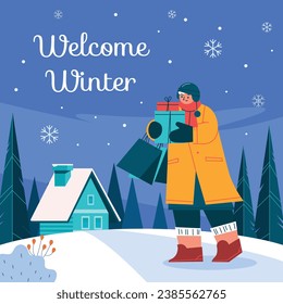 Happy Winter background. Hello Winter season. Cartoon Vector illustration Template for Poster, Banner, Greeting, Card, Flyer, Cover, Sale, Promotion. Snowfall, Snowy weather. welcome winter design.