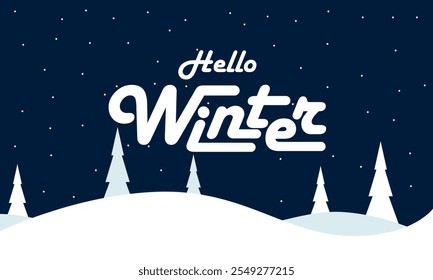 Happy Winter background. Hello Winter season. Cartoon Vector illustration Template for Poster, Banner, Greeting, Card, Flyer, Cover, Sale, Promotion. Snowfall, Snowy weather. welcome winter design.