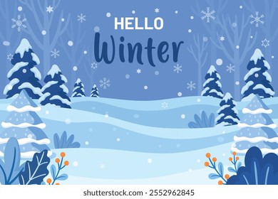 Happy Winter background. Hello Winter season. Vector illustration Template for Poster, Banner, Greeting, Card, Flyer, Cover, Sale, Promotion. Snowfall, Snowy weather. welcome winter design.