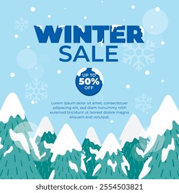 Happy Winter background. Hello Winter season. Cartoon Vector illustration Template for Poster, Banner, Greeting, Card, Flyer, Cover, Sale, Promotion. Snowfall, Snowy weather. welcome winter design.