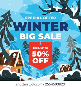 Happy Winter background. Hello Winter season. Cartoon Vector illustration Template for Poster, Banner, Greeting, Card, Flyer, Cover, Sale, Promotion. Snowfall, Snowy weather. welcome winter design.