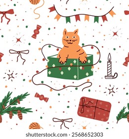 Happy winter background. seamless pattern with a cat as a gift. star, branch, dot, gift wrapping: cartoon cute style. for print, paper, covers, sales, vector art illustration.