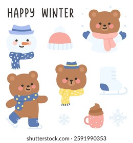 Happy Winter Bear Sticker Sheet with Ice Skating