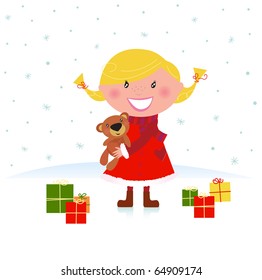 Happy winter blond child with teddy bear and christmas gifts