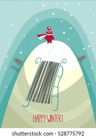 Happy winter! A child in a red suit climbs a high hill, snowing, sled drags to riding. Games and fun in the snow. Vector illustration.