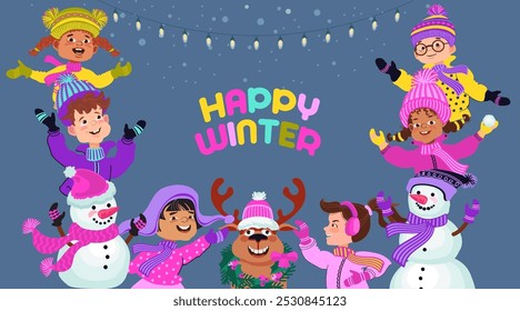 Happy Winter. Children in warm winter costumes. Group of cute kids smiling in bright clothes. Cartoon сhildren, snowmen, deer. Multiethnic boys and girls. Vector illustration.