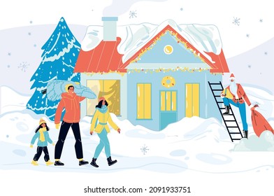 Happy winter christmas holiday vector scene. Happy family walking carrying fir tree for new year celebration and Santa Claus with sack climbing ladder delivering gift to chimney