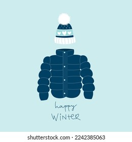 Happy Winter. Coat and wool hat for cold weather. Vector illustration, flat design