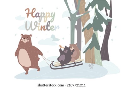 Happy winter concept background. Cute animals greeting wintertime. Bear pulls sled with cubs, pets play and outdoor activities. Snowy landscape with trees. Vector illustration in flat cartoon design