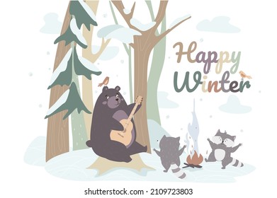 Happy winter concept background. Cute animals greeting wintertime. Bear playing guitar, funny raccoons dancing by fire at edge of forest. Snowy landscape. Vector illustration in flat cartoon design