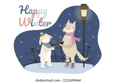 Feliz invierno de fondo. Animales lindos saludando el invierno. Conejo y lobo bebiendo café caliente y hablando bajo una linterna en una calle nevada. Ilustración vectorial en diseño de dibujos animados planos
