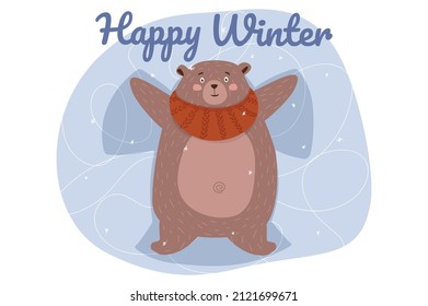 Happy winter concept background. Cute animal greeting wintertime. Happy bear in knitted scarf lies and makes snow angel. Funny pet doing seasonal activity. Vector illustration in flat cartoon design