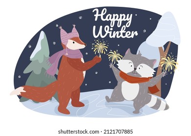 Happy winter concept background. Cute animals greeting wintertime. Fox in knitted hat and scarf and raccoon hold sparklers and have fun together at forest. Vector illustration in flat cartoon design