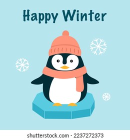 Happy winter concept vector illustration. Penguin wearing hat and scarf in flat design.